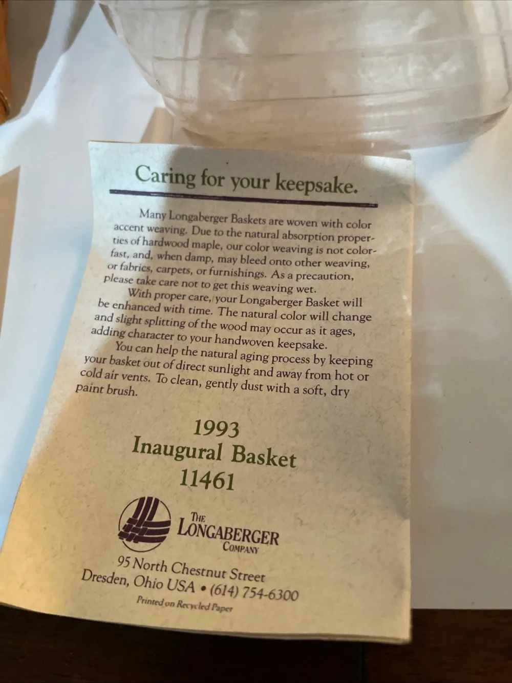 Longaberger 1993 Inaugural Basket 5 x 4.5   With plastic liner/description card